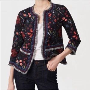 LOFT Primavera Embroidered Fringe Jacket Womens 10 Black Floral Blazer Open